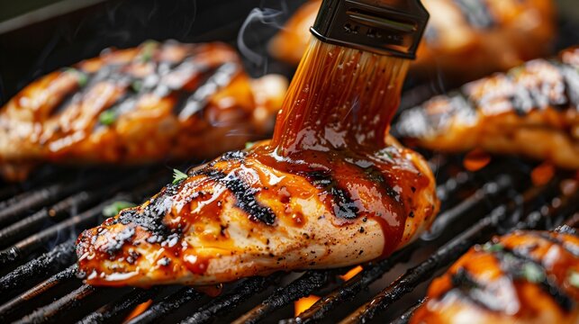 A close up of a chicken fillet being brushed with a tangy barbecue sauce on the grill