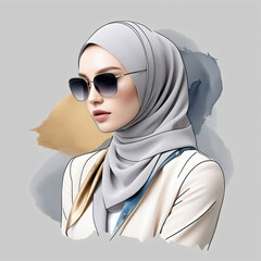 Businesswoman wearing sunglasses and hijab posing in fashion illustration