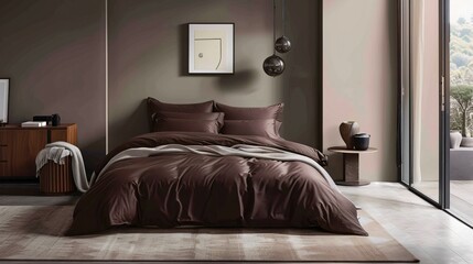 A minimalist bedroom featuring chocolate brown bed sheets, a matching duvet, and a minimalist floor rug