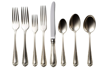 A Symphony of Silver: A Polished Set of Forks, Spoons, and a Knife Against a Pristine White Background on a Clear PNG or White Background.
