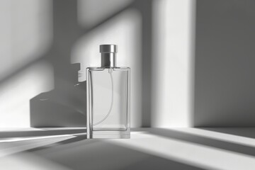 Glass Perfume Bottle With Silver Cap on White Surface With Light Streaks