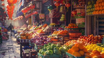 A colorful Chinatown street market, with rows of stalls selling exotic fruits, vegetables, spices, and other Asian delicacies, bustling with activity.