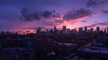 Stunning Urban Skyline at Dusk with Vibrant Purple and Pink Sunset Over City Buildings