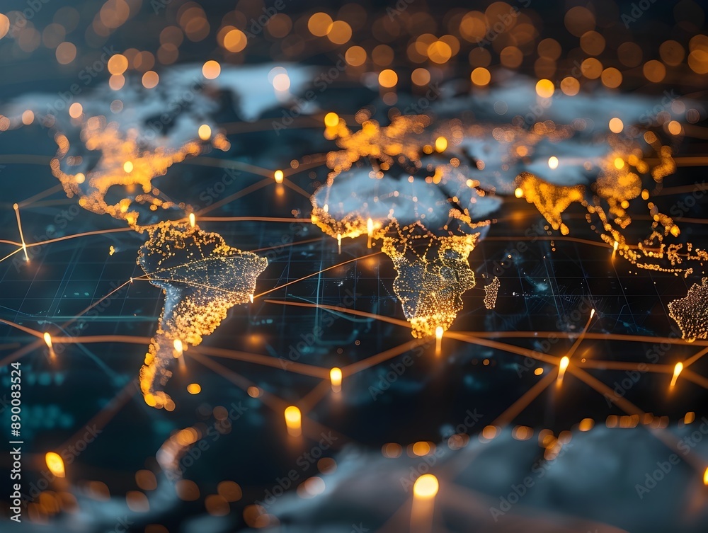 Poster global network map with connecting lines illustrating international business communication and digit
