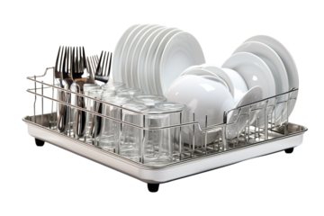 Gleaming Dishes and Glasses Await in a Silver Dish Drying Rack on a Clear PNG or White Background.