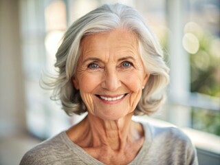 Fototapeta premium Serene aged woman with radiant healthy skin, grey hair, and warm happy smile, set against a soft light interior background, exuding natural beauty and self-confidence.