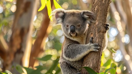 Naklejka premium A koala clings to a eucalyptus branch, hidden among the lush green foliage of its natural habitat.