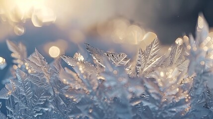 A macro shot of ice crystals forming intricate patterns on a frozen pond, capturing the delicate beauty of winter in an abstract composition of frost and light.