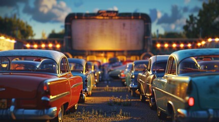 A nostalgic drive-in movie theater with rows of vintage cars parked in front of a large outdoor screen, illuminated by the glow of flickering movie reels and popcorn vendors.