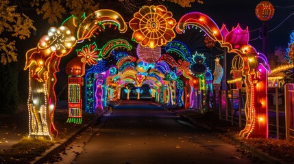 Vibrant Nighttime Festival with Colorful Illuminated Archways and Decorative Lights
