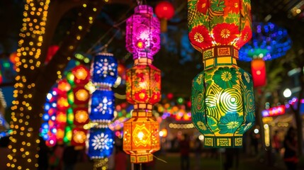 Obraz premium Vibrant Colorful Lanterns Illuminating a Festive Night Market with Bokeh Lights in the Background