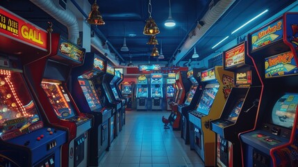 A retro arcade filled with blinking lights, ringing bells, and rows of classic arcade games, inviting visitors to step back in time and relive their arcade memories.