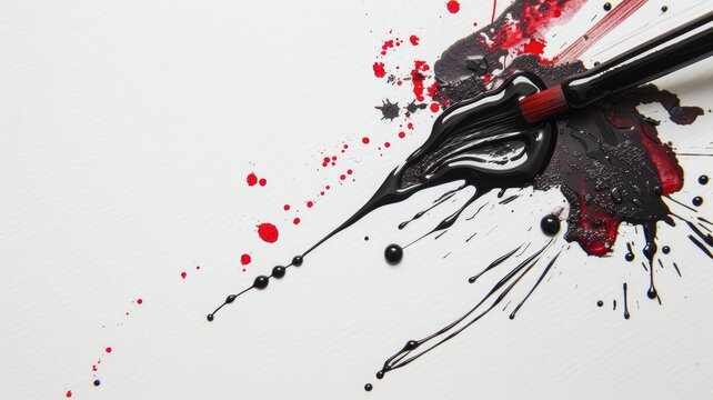 Paintbrush with splattered red and black ink on white background