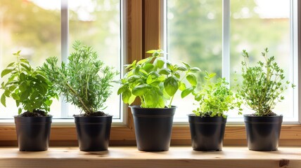 Fototapeta premium Potted herbs on wooden windowsill with natural light