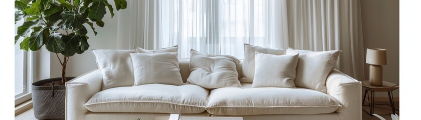 Cozy Modern Living Room with White Sofa, Indoor Plant, and Natural Light from Large Windows