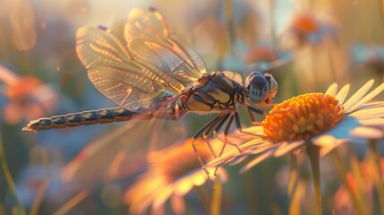 A super realistic close-up of a dragonfly resting on a flower, perfect lighting,