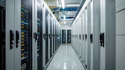 Modern, well-lit server room with various equipment racks
