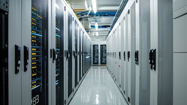 Modern, well-lit server room with various equipment racks