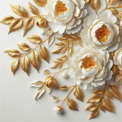 Golden leaves and buds embellish a bright white background with stucco peonies.
