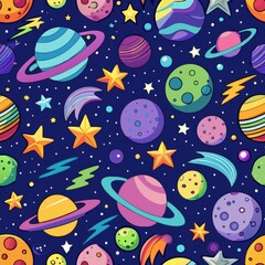 seamless pattern of cosmic-inspired ogee designs with stars, planets, and galaxies, Generative AI
