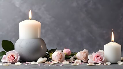 Funeral services site banner, content space, and a white candle with a rose and flower petals on a panorama background of grey stone
