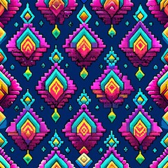 Naklejka premium seamless pattern of digital ogee designs with pixelated effects and neon colors, Generative AI