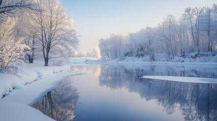 Serene Winter Landscape with Snow-Covered Trees Reflecting on a Calm River at Dawn