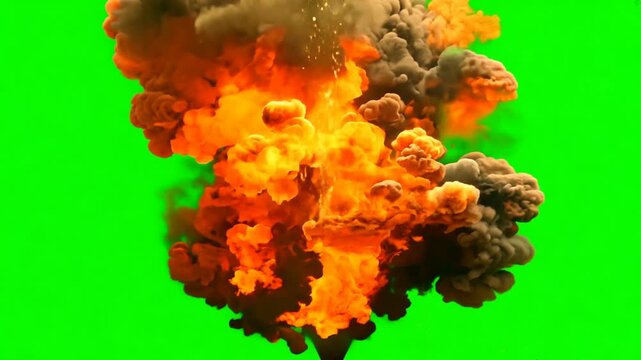 Green screen visual effects of an explosion with fire, smoke and debris, visual effects.