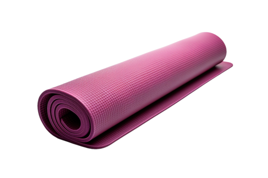 A Rolled Up Purple Yoga Mat Ready for a Relaxing Session on a Clear PNG or White Background.
