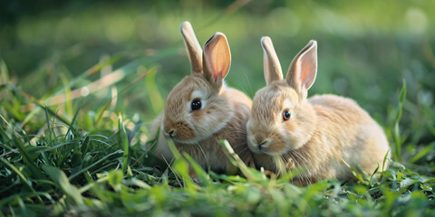 Fototapeta premium two cute rabbits on the farm