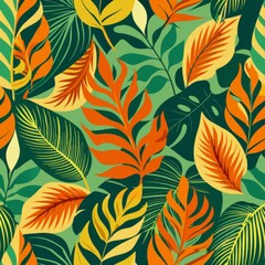 seamless pattern of tropical leaf ogee shapes in a tropical color palette of greens and oranges, Generative AI