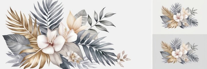 Elegant floral arrangement featuring delicate flowers and tropical leaves on a white background. Perfect for nature-inspired designs and decor.