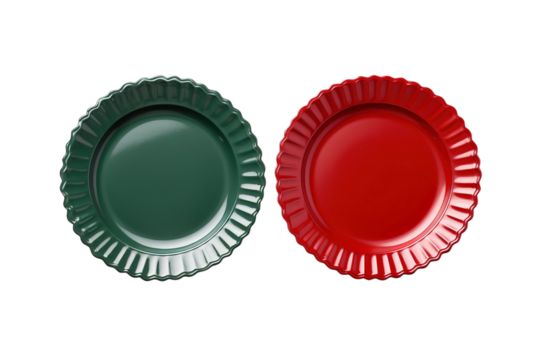 A Festive Duo of Green and Red Scalloped Dinner Plates on a Clear PNG or White Background.