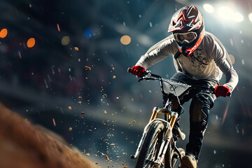 man in helmet riding on bmx over dark background with copy space