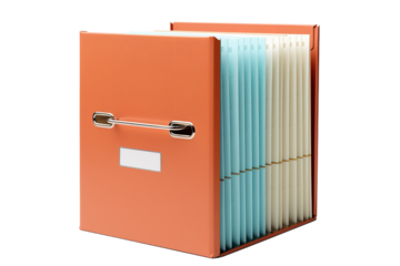 A Coral Orange File Cabinet With Blue and White Accents Ready for Organization on a Clear PNG or White Background.