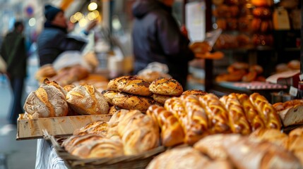 Fototapeta premium Street market with vendors selling fresh bread and pastries, customers enjoying baked goods