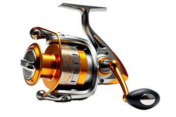A Golden Fishing Reel Ready For Action on a Clear PNG or White Background.