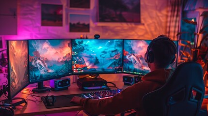 A passionate gamer sets up a high-end PC with vibrant monitors for immersive gameplay and streaming.