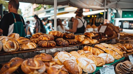 Street market with vendors selling fresh bread and pastries, customers enjoying baked goods