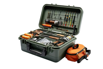 An Angler's Arsenal: A Well-Equipped Tackle Box Ready for the Day's Catch on a Clear PNG or White Background.