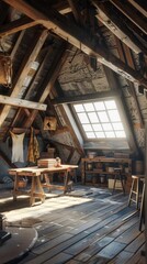 Fototapeta premium Cozy attic renovation. Tranquil living space transformation concept