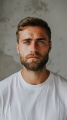 Obraz premium Close-up portrait of a young man with a beard wearing a white shirt