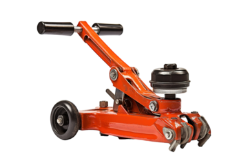 A Rusty Orange Car Jack With a Black Wheel and Handle Ready for Use on a Clear PNG or White Background.