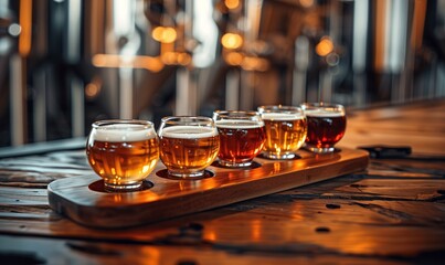 beer tasting, a flight of diverse beers in small tasting glasses, each with distinct colors and foam levels
