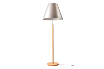 A Modern Floor Lamp With A Silver Shade And A Wooden Base on a Clear PNG or White Background.