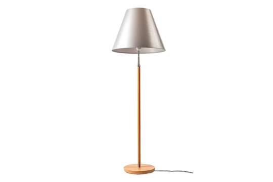 A Modern Floor Lamp With A Silver Shade And A Wooden Base on a Clear PNG or White Background. - Powered by Adobe