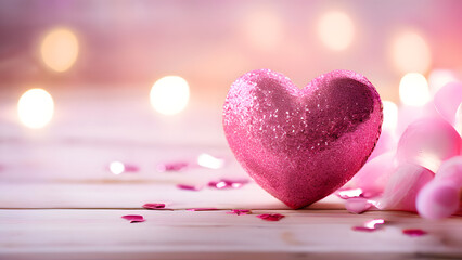 Obraz premium Pink shiny heart glitter with defocused bokeh lights, perfect for romantic and festive designs.