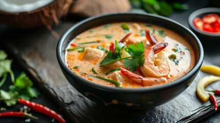 The national cuisine of Thailand. Thai coconut and lemon soup.