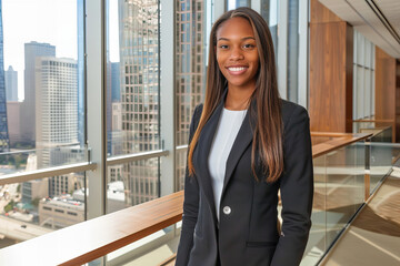 Confident African American Businesswoman in Modern Office Setting, Professional Corporate Portrait, Empowered Female Leader