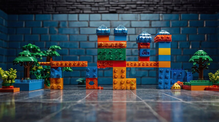 lego blocks building Plastic toy block, background wall frame empty brick structure, school play, kindergarten, childhood modern isolated blue stone architect lego 